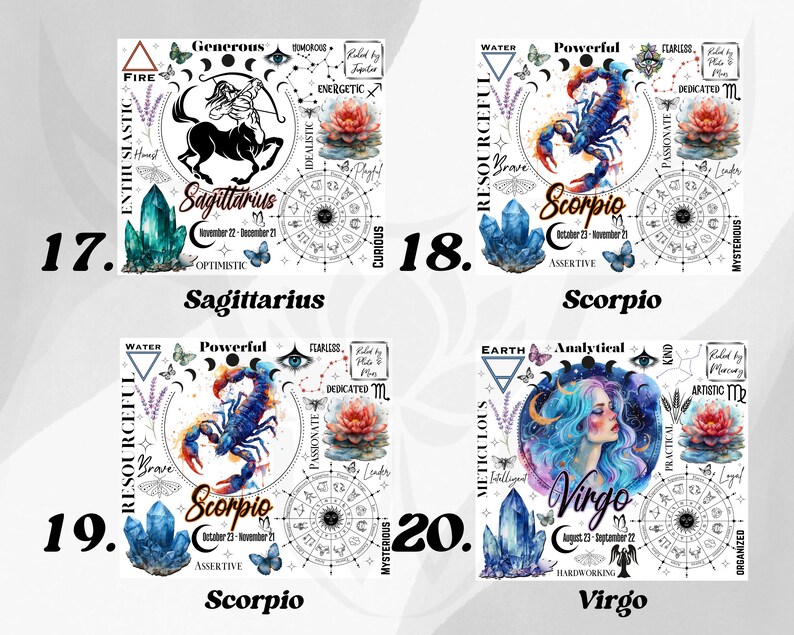 Op de afbeelding: Vier vierkante ontwerpen met sterrenbeelden: Boogschutter, Schorpioen en Maagd. Elk ontwerp bevat het sterrenbeeld, bijbehorende eigenschappen en data. De ontwerpen bevatten aquarelelementen, kristallen en vlinders. Het Boogschutter-ontwerp heeft een zwarte boogschutter.