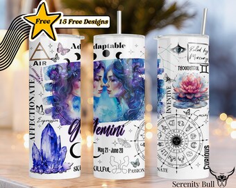 Gemini Zodiac Tumbler PNG: Seamless Sublimation Design (Digital Download)