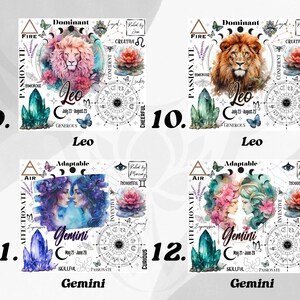 Op de afbeelding: Vier vierkante ontwerpen met aquarel illustraties van sterrenbeelden. Twee tonen Leeuw met een leeuw, kristallen en tekst. De andere twee tonen Tweelingen met twee vrouwen, kristallen en tekst. Elk ontwerp bevat astrologische symbolen.