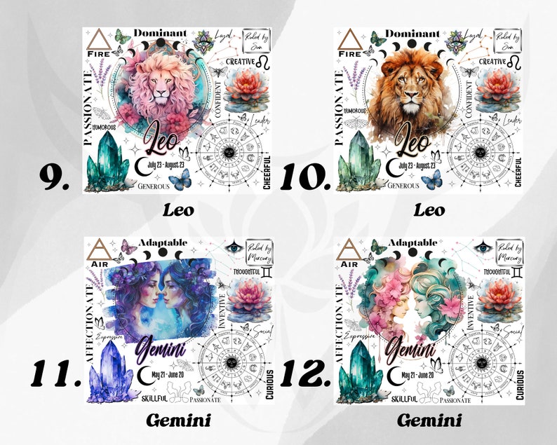 Op de afbeelding: Vier vierkante ontwerpen met aquarel illustraties van sterrenbeelden. Twee tonen Leeuw met een leeuw, kristallen en tekst. De andere twee tonen Tweelingen met twee vrouwen, kristallen en tekst. Elk ontwerp bevat astrologische symbolen.