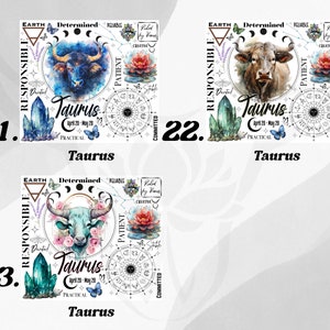 Op de afbeelding: Drie Taurus dierenriem ontwerpen met aquarel illustraties. Elk heeft een stier, kristallen, bloemelementen en astrologische symbolen. De tekst bevat "Taurus" en de data "20 april - 20 mei". De ontwerpen staan op een witte achtergrond.