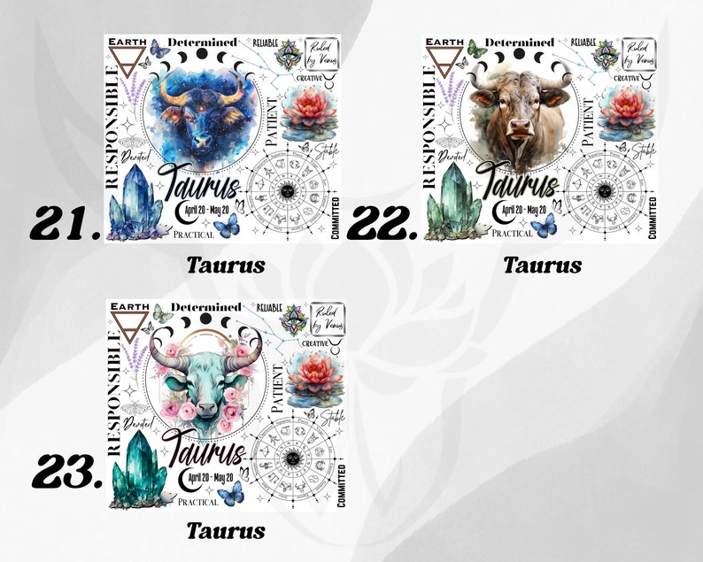 Op de afbeelding: Drie Taurus dierenriem ontwerpen met aquarel illustraties. Elk heeft een stier, kristallen, bloemelementen en astrologische symbolen. De tekst bevat "Taurus" en de data "20 april - 20 mei". De ontwerpen staan op een witte achtergrond.