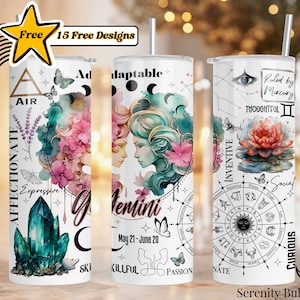 Puede incluir: Un vaso blanco con un diseño colorido que presenta el signo del zodíaco Géminis, un cristal, flores y mariposas. El vaso tiene el texto "Géminis" y "21 de mayo - 20 de junio" en él. El vaso también tiene el texto "Afectuoso", "Expresivo", "Adaptable", "Inventivo", "Pensativo", "Habilidoso", "Apasionado", "Social", "Curioso" y "Gobernado por Mercurio" en él.