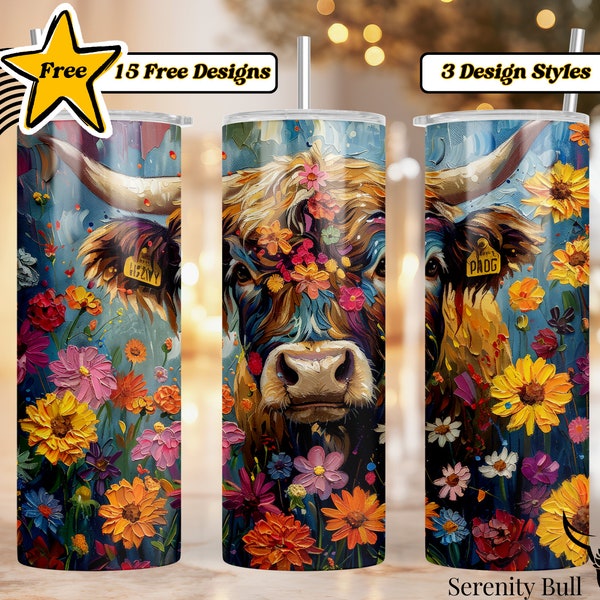 Highland Cows Sublimation Tumbler PNG Oil Painting Aesthetic Wrap Digital Download Flowers and Cow PNG Skinny 20oz Tumbler Instant Download