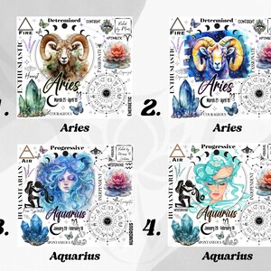 Op de afbeelding: Vier vierkante ontwerpen met dierenriemtekens. Twee Ram-ontwerpen met een ram, kristallen en tekst. Twee Waterman-ontwerpen met een vrouwengezicht, kristallen en tekst. Elk ontwerp bevat astrologische symbolen, woorden en data.