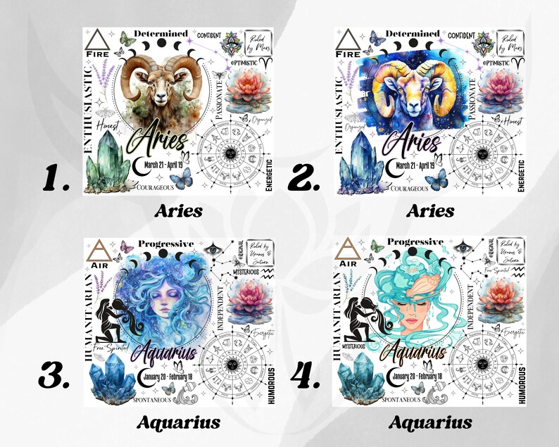 Op de afbeelding: Vier vierkante ontwerpen met dierenriemtekens. Twee Ram-ontwerpen met een ram, kristallen en tekst. Twee Waterman-ontwerpen met een vrouwengezicht, kristallen en tekst. Elk ontwerp bevat astrologische symbolen, woorden en data.