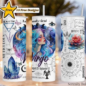 Virgo Zodiac Seamless Sublimation Tumbler PNG, Zodiac Wrap Digital Download, Virgo Horoscope Skinny 20oz Tumbler Instant Download