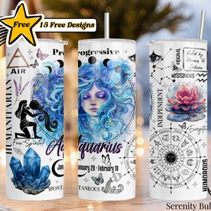 Aquarius Zodiac Seamless Sublimation Tumbler PNG, Zodiac Wrap Digital Download, Aquarius Horoscope Skinny 20oz Tumbler Instant Download
