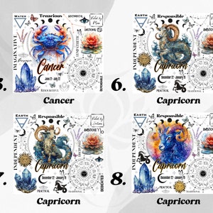 Op de afbeelding: Vier vierkante ontwerpen met aquarel illustraties van dierenriemtekens. Elk ontwerp bevat de naam van het teken, data en gerelateerde symbolen. De tekens zijn Kreeft en Steenbok, met een blauw en oranje kleurenschema.