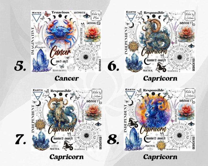 Op de afbeelding: Vier vierkante ontwerpen met aquarel illustraties van dierenriemtekens. Elk ontwerp bevat de naam van het teken, data en gerelateerde symbolen. De tekens zijn Kreeft en Steenbok, met een blauw en oranje kleurenschema.