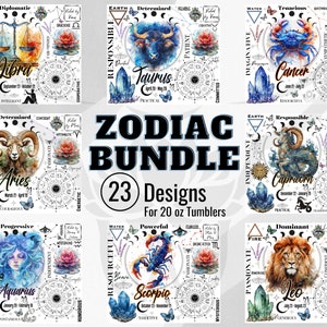 Op de afbeelding: Een verzameling van 23 dierenriemdesigns voor 20 oz bekers. Elk ontwerp toont een aquarel illustratie van een dierenriemteken, met bijbehorende symbolen, data en persoonlijkheidskenmerken. De ontwerpen omvatten Weegschaal, Stier, Kreeft, Ram, Steenbok, Waterman, Schorpioen en Leeuw.