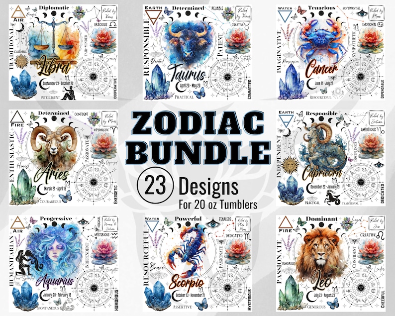Op de afbeelding: Een verzameling van 23 dierenriemdesigns voor 20 oz bekers. Elk ontwerp toont een aquarel illustratie van een dierenriemteken, met bijbehorende symbolen, data en persoonlijkheidskenmerken. De ontwerpen omvatten Weegschaal, Stier, Kreeft, Ram, Steenbok, Waterman, Schorpioen en Leeuw.