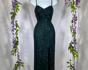 Vintage 90er Jahre Abendkleid in Grün und Seide mit Perlen
