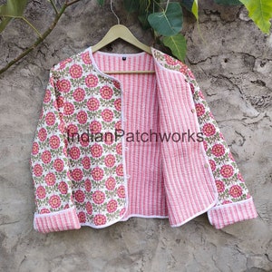 Indian Hand Block Print Fabric Quilted Jacket Short Jacket Women Wear New Style Pink Women Clothing Cotton Short Jacket Party Wear