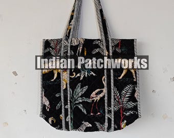 Quilted Cotton Velvet Tote Bag: Indian Patchwork Hippie Style