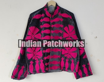 Velvet Suzani Handmade Boho Statement Coat, Festival Wear Velvet Suzani Winter Wear Coat Jacket, Women's Wear Short Velvet Coat