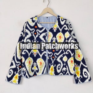New Ikat Printed Cotton Jacket, Handmade Vintage Quilted Jacket, Strip Piping New Printed Cotton Quilted Jacket,  Party Wear Gift For Her