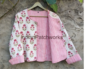Indian Short Block Print Jacket, Cotton Quilted Handmade Cotton Jacket Reversible Strip Quilted Kantha Jacket Stylish Party Wear
