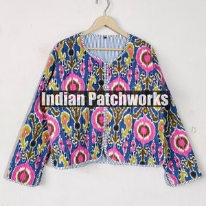 Handmade Vintage Quilted Jacket, New Ikat Printed Cotton Jacket, Strip Piping New Printed Cotton Quilted Jacket,  Party Wear Gift For Her