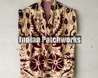 Beige Suzani Embroidery Jacket, Winter Vest Jacket, Womens Coat, Suzani Vest, Unisex Coat, Suzani Short Quilted Jacket