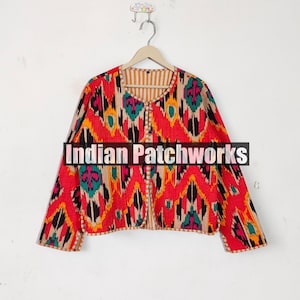 Handmade New Printed Cotton Jacket, Strip Piping New Ikat Printed Cotton Quilted Jacket, Vintage Quilted Jacket, Party Wear Gift For Her