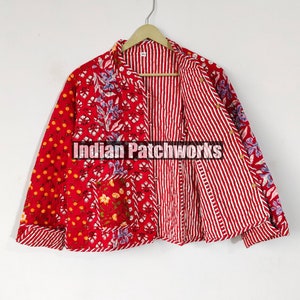 Red Color Jacket, Cotton Quilted Handmade Cotton Floral Jacket Reversible Strip Quilted Cotton Jacket Party Wear Gift For Women&#39;s