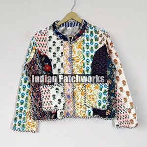 Indian Hand Block Print Fabric Quilted Jacket Short Women Wear New Style Patchwork Coat Style Quilted Handmade Jackets, Coat Button