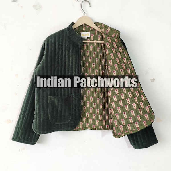 Handmade Reversible Cotton Velvet Quilted Jacket Designer Velvet Reversible Short Girl Coat Quilted Stylish Party Wear Jacket With twoPocket