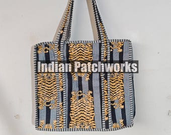 Quilted Cotton Tote Bag: Tiger Print, Handmade Indian Shopping Bag