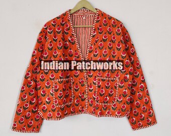 New Printed Jacket, Cotton Quilted Handmade Cotton Floral Jacket Reversible Strip Quilted Cotton Jacket Party Wear Gift For Women's