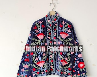 Velvet Vintage Reversible Suzani Jacket Indian Beach Wear Floral Hand Work Jacket | Bohemian Hand Embroidery Short Jacket, TNT Fabric Velvet