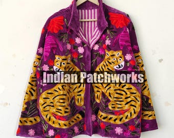 Chaqueta bohemia de terciopelo con bordado de tigre Suzani / Abrigo de primavera uzbeko hecho a mano / Chaqueta étnica vintage / Prenda de abrigo de invierno / Regalo para ella