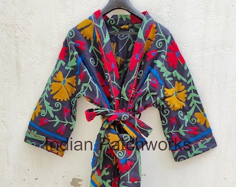 Women Front Open Wrap Dress With Tie Belt, Hand Embroidery Jacket Long House Coat Kimono Suzani Jacket Indian Handmade Long Kimono Robe,