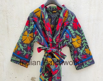 Vestido cruzado abierto por delante para mujer con cinturón de lazo, chaqueta bordada a mano, abrigo largo de casa, chaqueta kimono Suzani, bata larga kimono india hecha a mano,