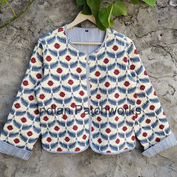 Indian Hand Block Printed Reversible Cotton Quilted Jacket | Block Print Kantha Jacket kantha coat long sleeve Gift For Christmas Party Wear