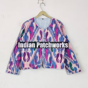 New Ikat Printed Cotton Jacket, Handmade Vintage Quilted Jacket, Strip Piping New Printed Cotton Quilted Jacket,  Party Wear Gift For Her