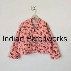 Cotton Women&#39;s Quilted Jacket Block Printed Boho Style Quilted Handmade Jackets, Coat Holidays Gifts Button Closer Jacket for Women Gifts