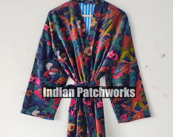 Blauer Affen-Druck-Samt Kimono-Roben, Morgentee-Samt-Mantel, Brautjungfer-Robe, Frauen tragen Baumwollsamt-Robe, Samtjacke, Brautrobe