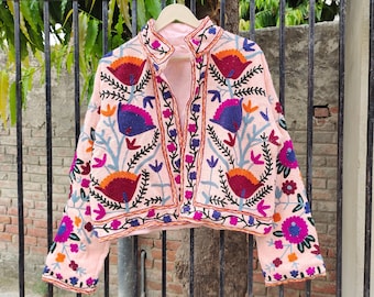 Embroidery Cotton Suzani TNT Jacket, Bohemian Style Coat, Unisex Short Embroidered Jacket, Ethnic Suzani TNT Fabric Women,s Coat,