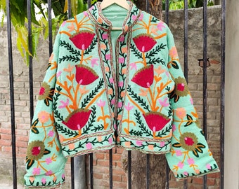 Women's Short Suzani Jacket, Handmade Cotton Jacket, Suzani Jacket In TNT Fabric, Floral Embroidery Jacket, indianpatchworks