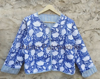 Veste matelassée en coton indien HandBlock Blue Butta Flower Print Top Veste courte faite à la main Poids léger Party Wear Vêtements pour femmes