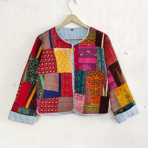 New Patchwork Jacket, Cotton Quilted Handmade Cotton Floral Jacket Reversible Strip Quilted Cotton Jacket Party Wear Gift For Women&#39;s