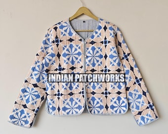 New Printed Jacket, Cotton Quilted Handmade Cotton Floral Jacket Reversible Strip Quilted Cotton Jacket Party Wear Gift For Women's
