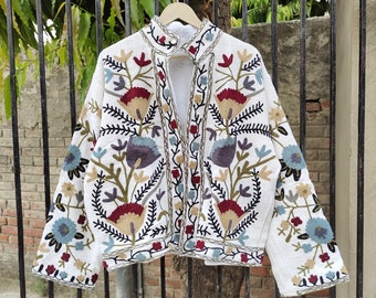 Cotton Suzani Hand Embroidery Jacket Coat, White Women Wear Winter Jackets, Bridesmaid Gift, Winter Jacket, Kimono Robe, Bridesmaid Jackets