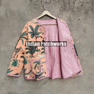 Cotton Women&#39;s Quilted Jacket Block Printed Boho Style Quilted Handmade Jackets, Coat Holidays Gifts Button Closer Jacket for Women Gifts