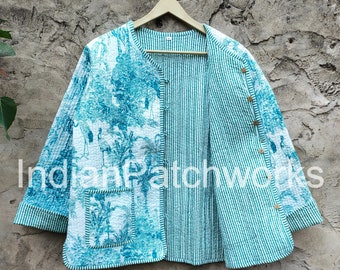 New double side Wear Cotton Quilted Palm Tree Jacket Women Wear Front Open Kimono Stripe piping Hand Made Vintage Quilted Jacket Coats