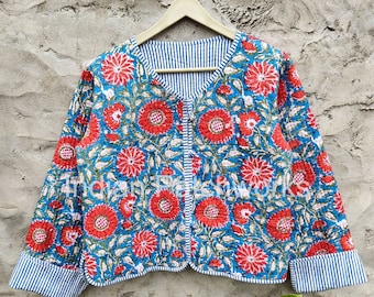 Indischer Stoff Baumwolle Quilting Jacken für Frauen Boho Decor Floral Kurze Steppjacke Vintage Boho Style Quilted Jacket Block Printed