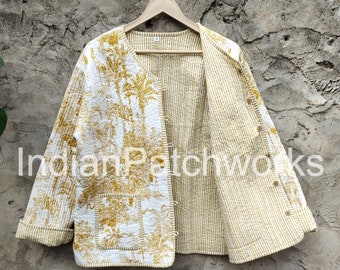 Indian Cotton Quilted Jacket Women Wear Front Open Kimono Stripe piping New Printed Cotton Jacket Party Wear