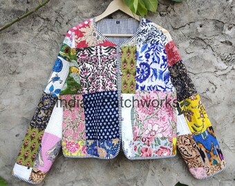 Indische gesteppte Patchworkjacke Cotton Cote, handgefertigte Winterbekleidung gesteppte Unisex-Kimono-Robe aus reiner Baumwolle, handgefertigter gesteppter Mantel