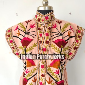 Velvet Embroidery Flower Vest Short Coat, Soft Velvet Stripe Piping Style Coat Handmade Printed Statement Suzani Velvet Style Jacket